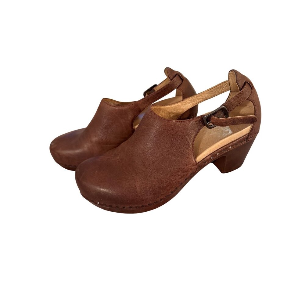 Dansko Womens Sassy Clogs Tan Size 40 Brown Leather Block Ankle Strap Casual - Picture 1 of 16